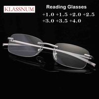 KLASSNUM TR90 Men Rimless Reading Glasses Women Al-Mg Alloy Frame Anti Blue Light Glasses Diopters Lenses Prescription Eyewear
