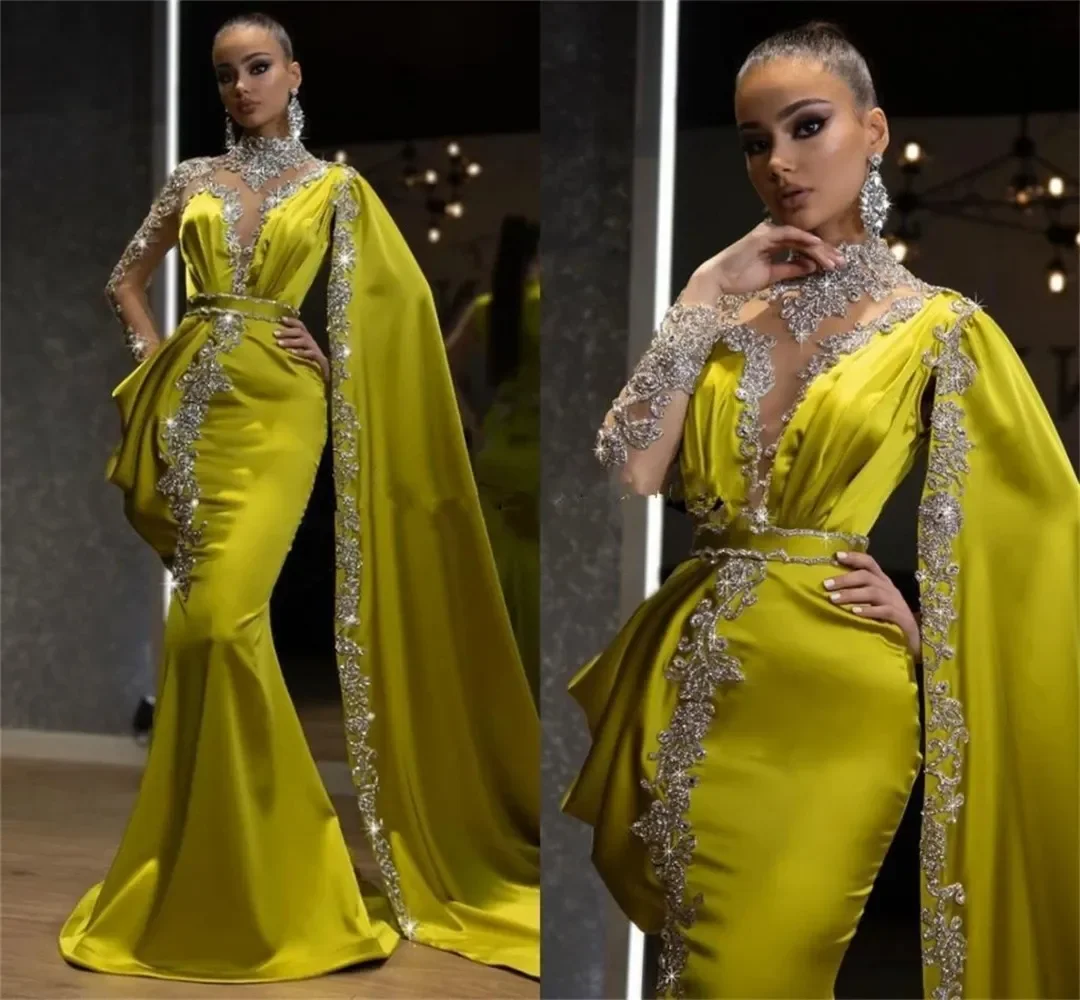 

Arabic Mermaid Evening Dresses Crystals Bling Bling Prom Dress With Wrap Long Sleeves Celebrity Dress Customized