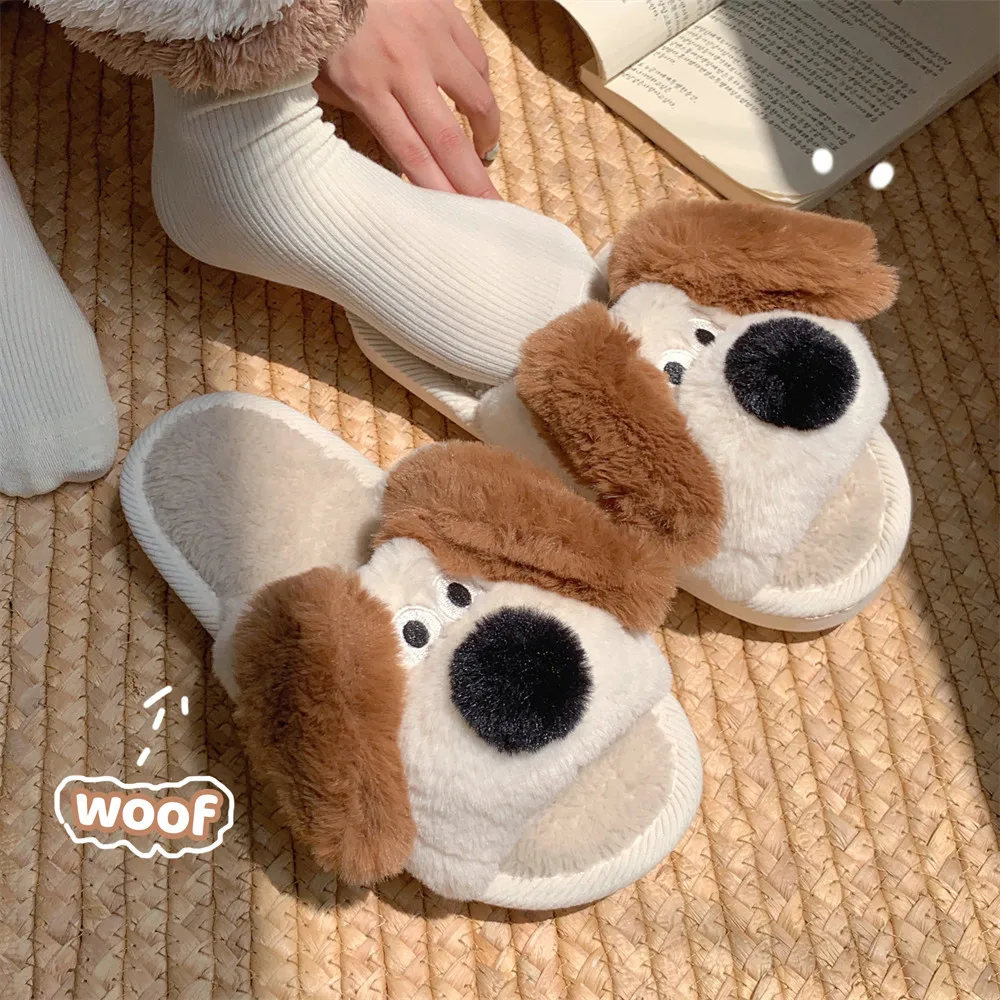 New Winter Home Cotton Slippers Dog Cartoon Dog Women Plush Warm Slipper Couple Indoor Bedroom Non-Slip Women\'s Men\'s Slippers