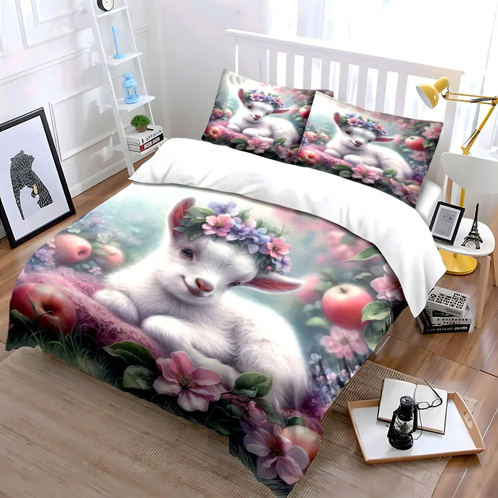 Lamb with floral crown, spring blossoms Bedding Set for Kids Luxury Gift 3pcs Digital Print Comforter Set Soft Comfortable
