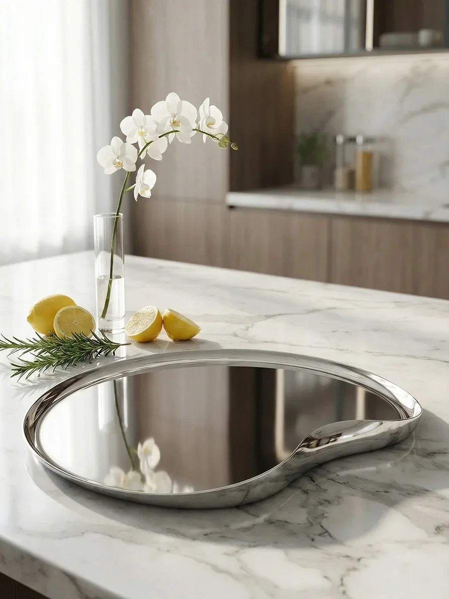 Modern Stainless Steel Serving Tray, Elegant Organic Shape Silver Platter for Appetizers, Drinks & Party Hosting