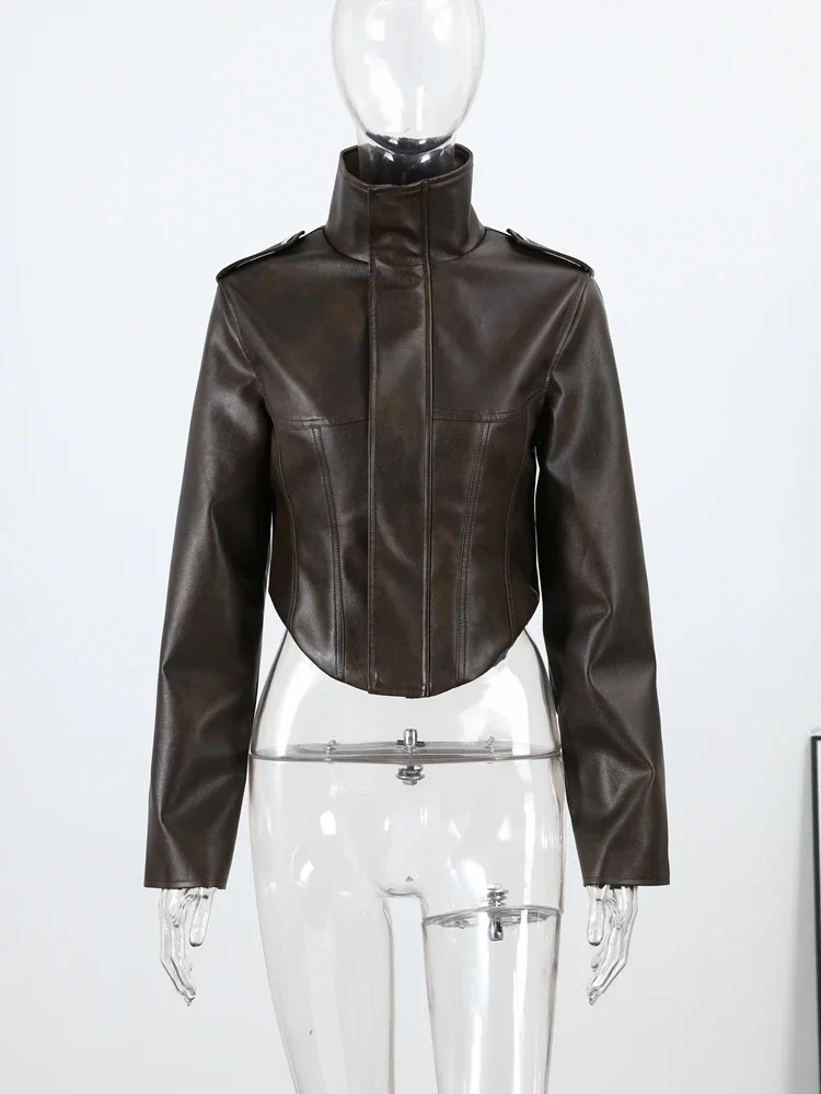 Retro Pu Leather Women Short Jacket Stand Collar Long Sleeve Waist Closed Coat Lady 2026 Autumn Winter Female Street Outwear New
