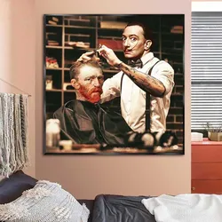 Funny Van Gogh Salvador Dali Barber Poster and Prints Vintage Canvas Painting Wall Art Picture for Barber Shop Home Decoration