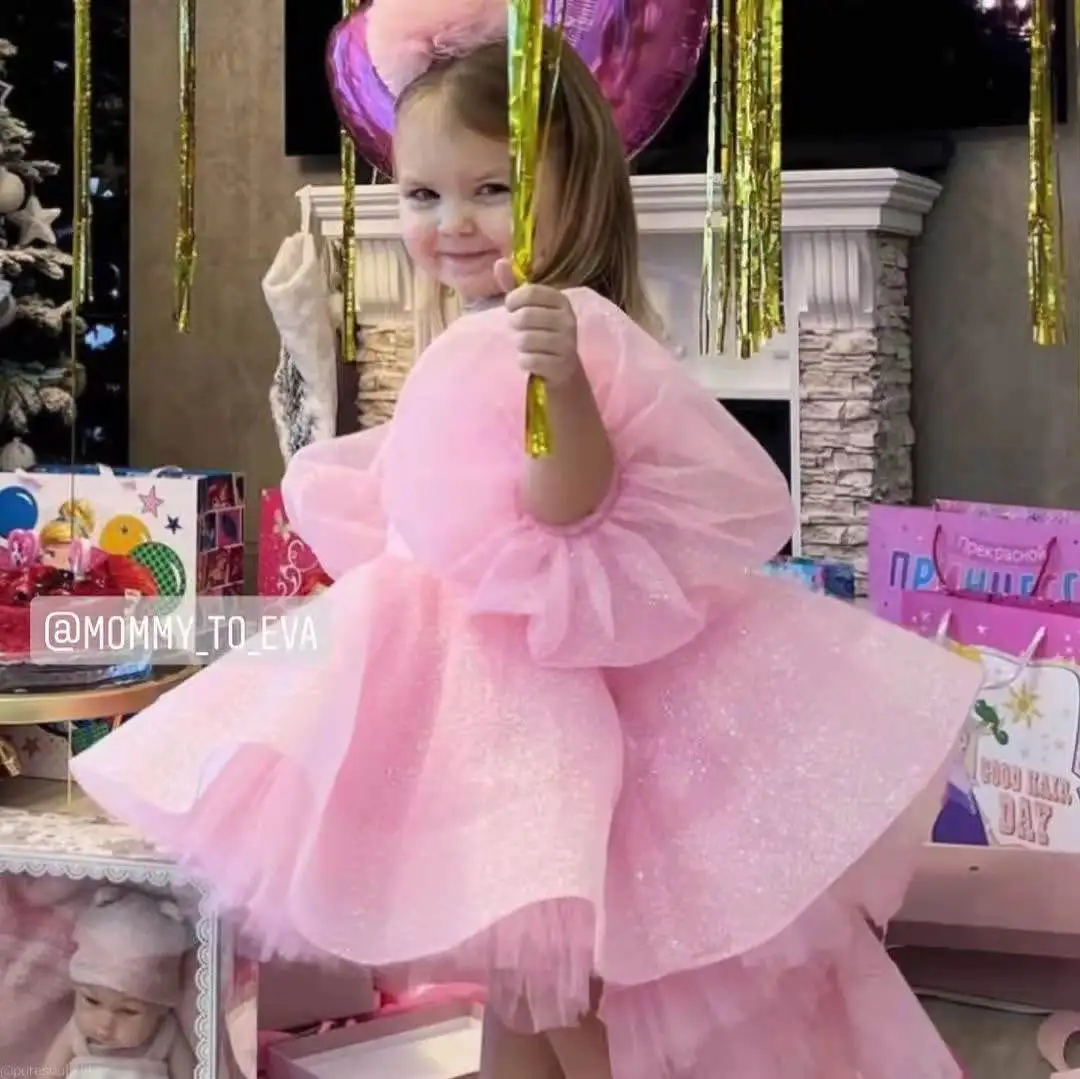 Vestido de fiesta de lentejuelas bonito rosa, vestidos de princesa, vestidos de tul con flores para niña, vestido de primera comunión para niña, vestidos de cumpleaños para niños