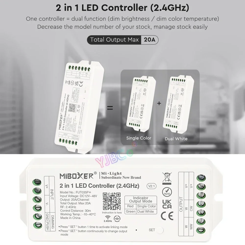 Miboxer Single Color Dual White 2 in 1 RGB RGBW RGBCCT 3 in 1 LED Strip Tape Controller 20A High Current Output 12V 24V 36V 48V