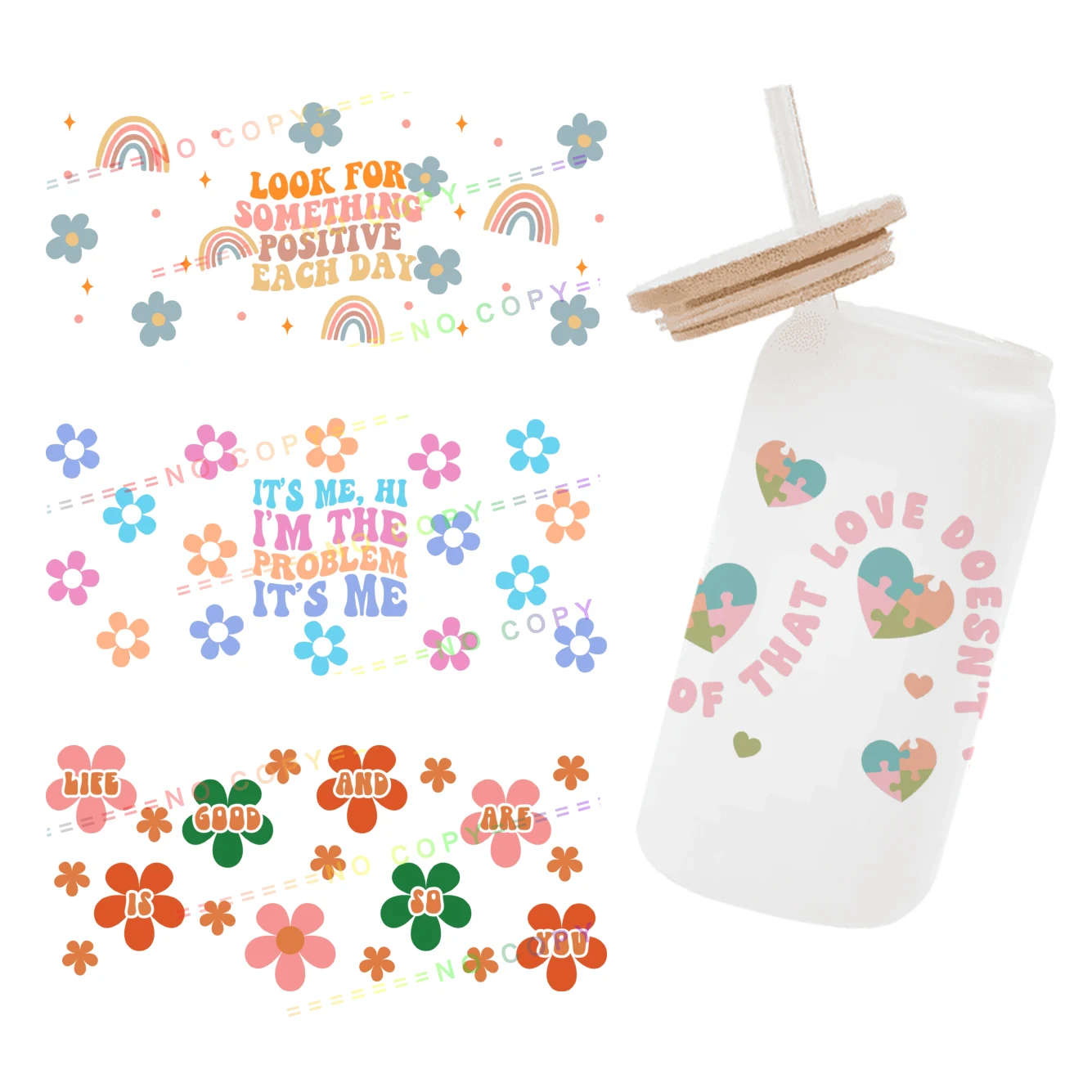 

24x11cm simplicity floral Motivational language For Libbey 16oz Can Glass 3D Waterproof UV DTF Coffee Can Wrap Libbey Glass Wrap