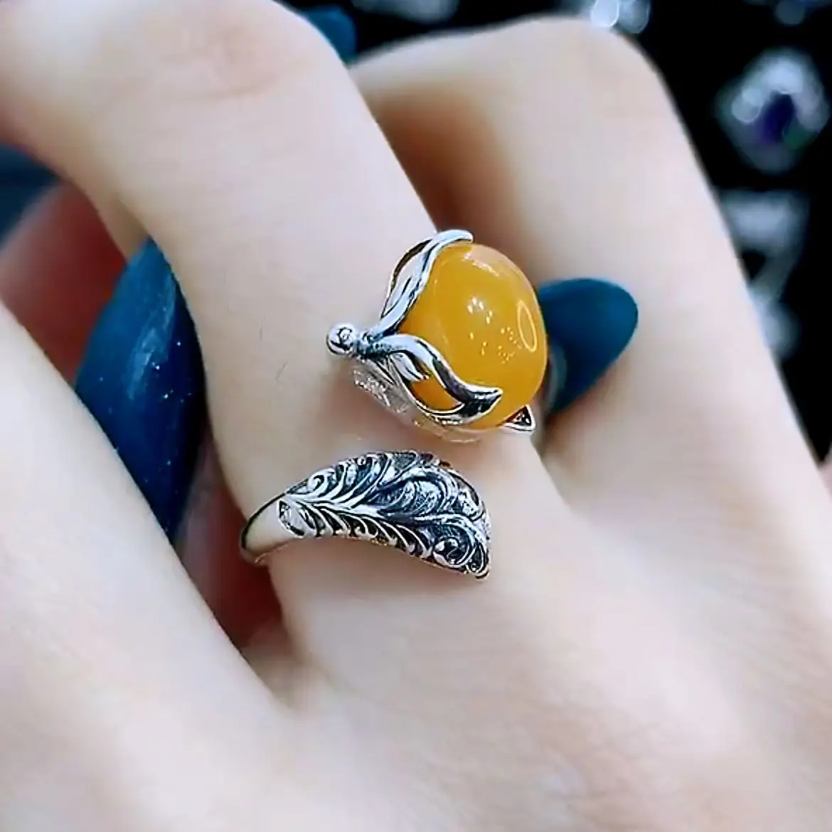 Chinese Style Auspicious Lucky Fox Ring For Women Vintage Antique Silver Yellow Bead Open Adjustable Finger Ring Good Luck Bless