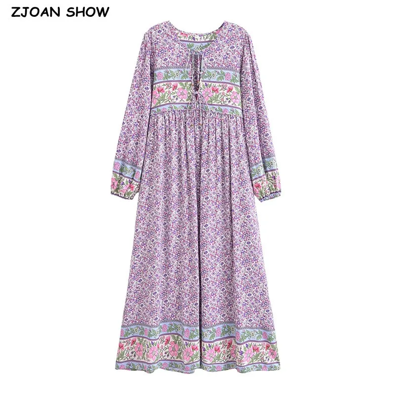 2024 BOHO Lavender Small Flower Print Bow Lacing up Neck Long Straight Dress Women Viscose Cotton Full Sleeve Maxi Robe Holiday