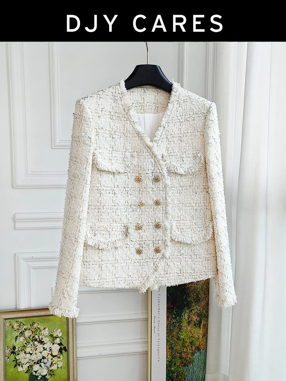 

New Exquisite white checkered woolen coat with tassel top big size