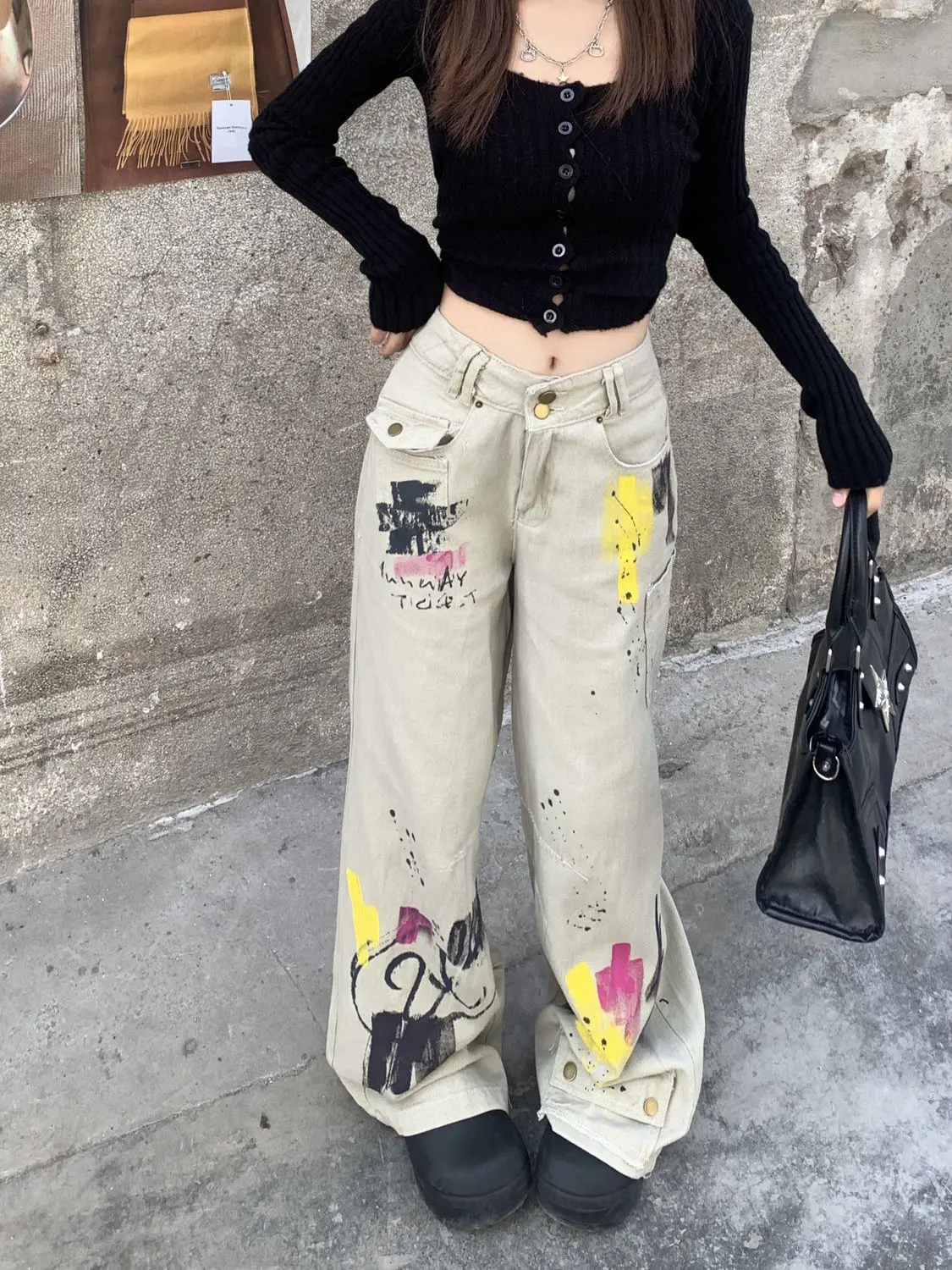 

Onalippa American Retro Graffiti Design Feeling Dirty Jeans Version High Waist Straight Tube Loose Fit Slimming Wide Leg Floor
