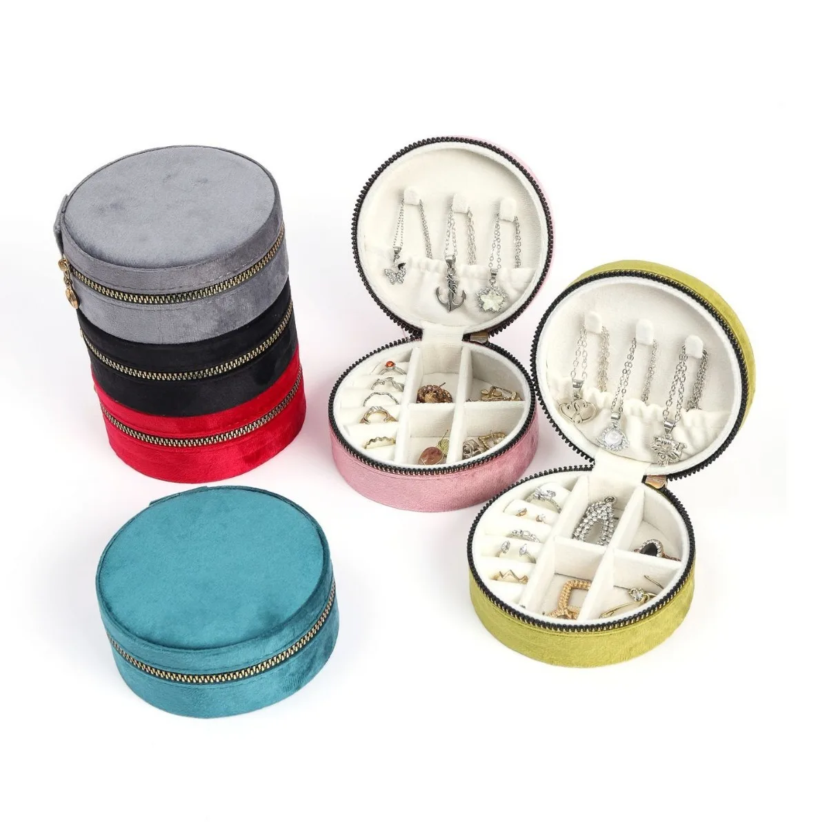 صندوق مجوهرات بسحاب مخملي مستدير. صندوق تخزين رائع. صندوق مجوهرات وأقراط وقلادة محمولة للسفر. صندوق تعبئة التخزين