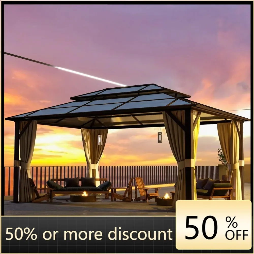 

12'x16 'hardtop pavilion, outdoor polycarbonate double roof canopy, aluminum frame with curtains and mesh
