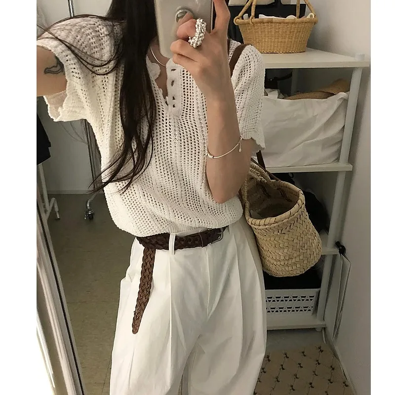 

Тяжелый кружевной трикотаж в стиле ретро, женский топ весна-лето, новый повседневный универсальный свободный крой, модный айс