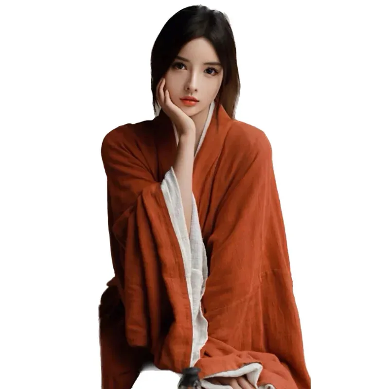 Vestido Hanfu de algodón y lino para mujer, traje tradicional chino de 2 uds, disfraz de Hanfu para Halloween, ropa para el hogar de otoño, bata roja de talla grande