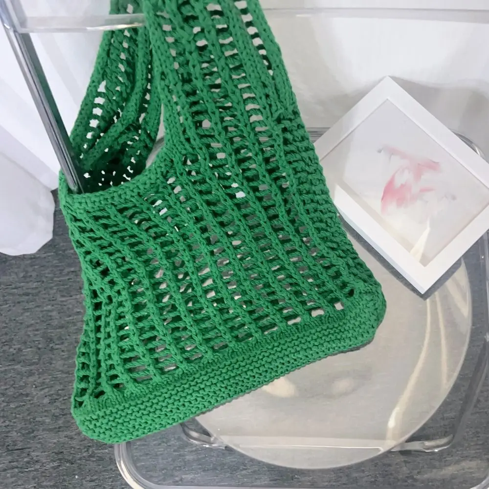 Borsa a tracolla in maglia tinta unita Borsa tote versatile all'uncinetto bohémien di grande capacità Borsa in tessuto casual scavata da donna