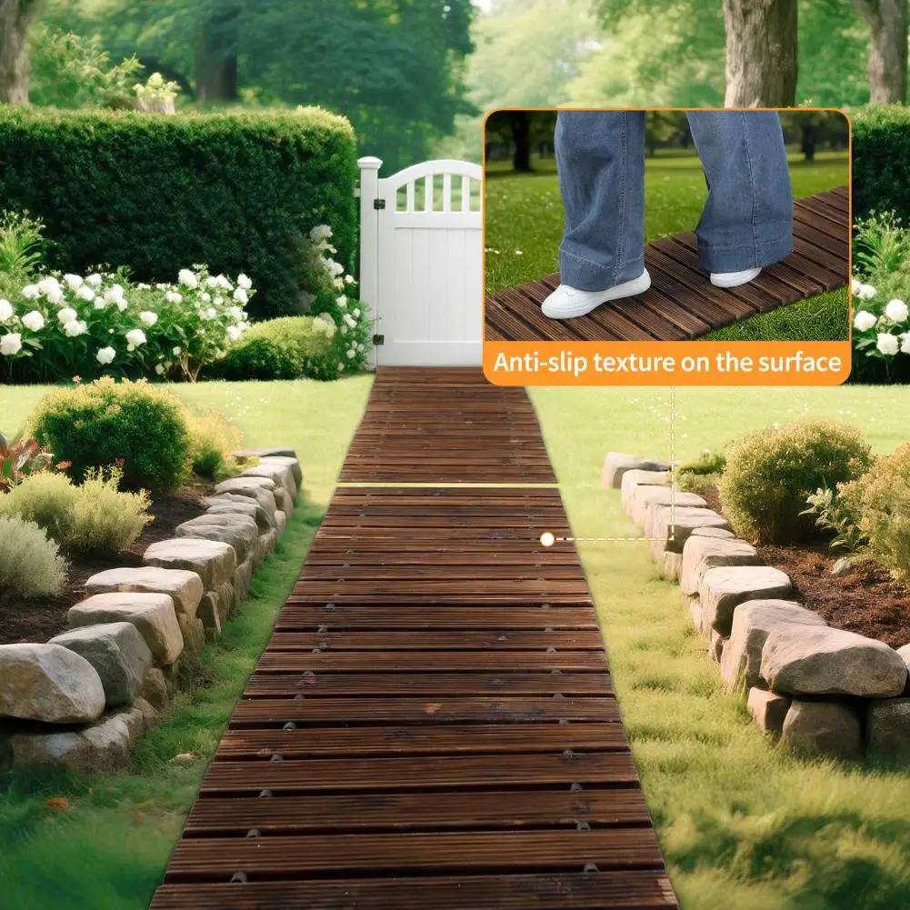 Garden Pathway, 8/12FT X 43cm Polished Finish Rubber Spacer Outdoor Garden Walkway, Portable Thick Slats Wooden Garden Pathway
