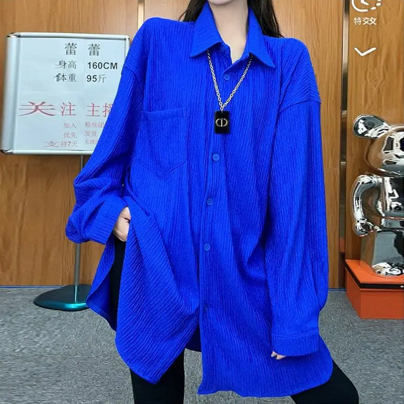 캐주얼 긴팔 싱글 브레스트 블라우스, 루즈한 한국 단색 폴드 셔츠, 여성 의류, 패션 스트리트웨어, 봄 가을