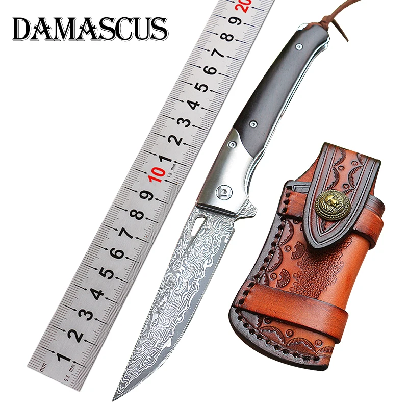 Damascus steel outdoor folding knife with ebony handle sharp wilderness survival hunting tactical knife camping knife gift knife