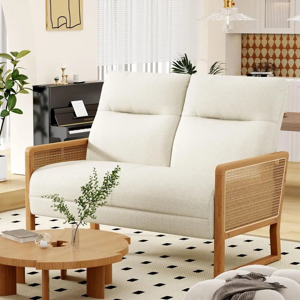 Upholstered 2-Seat Rattan Arm Loveseat in Linen with Ivory Lounge Recliner for Living Room Comfort