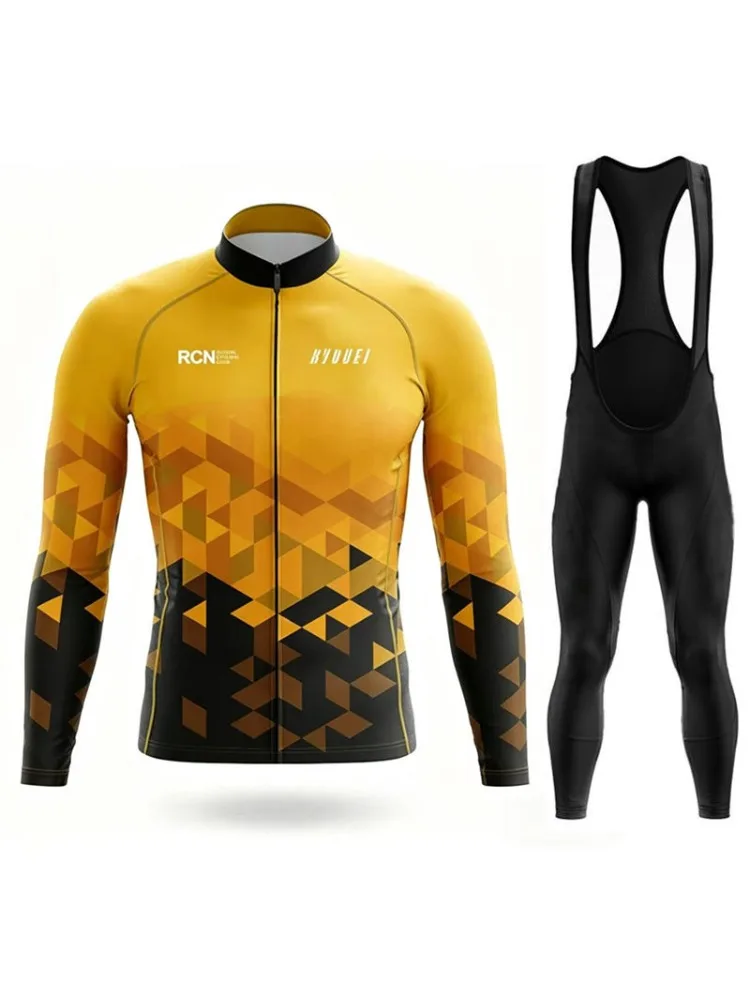 Zestaw kolarski Rvouei Team na jesień: koszulka i spodnie na szelkach, odzież rowerowa, strój rowerowy MTB, strój na rower szosowy, męski zestaw rowerowy z długim rękawem. — 2