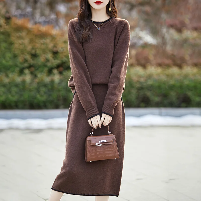 

100% Merino wool autumn and winter new women's sweater crewneck jumper fashion solid color knitted bottom sweater CHIC dress