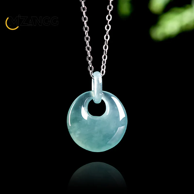 Natural 925 Silver Jadeite Blue Water Hollow-out Peace Buckle Pendant Exquisite Luxury Ice Jade Women's Necklace Birthday Gift