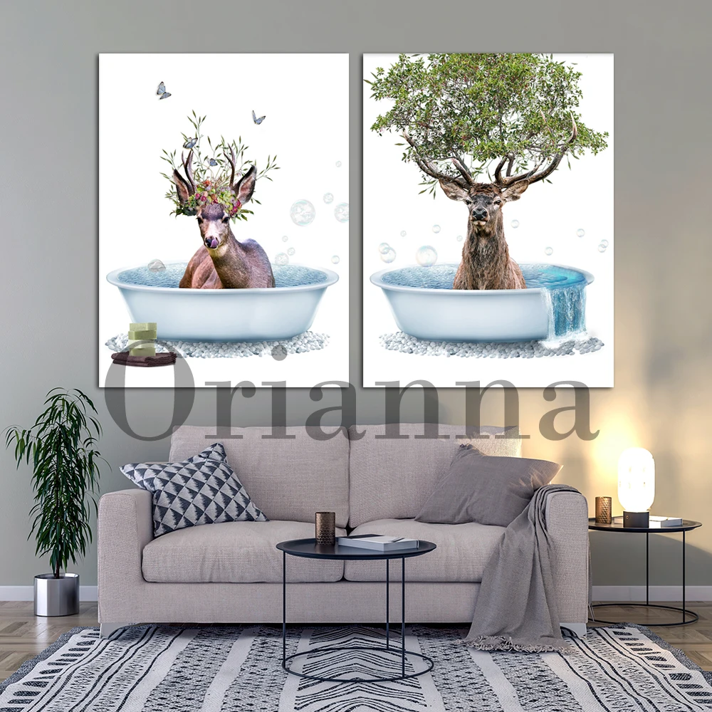 Bathtub Deer Couple Woodland Animal Flower Botanical Stag Tree Wall Art Print Poster Home Kid Room Bathroom Toilet Nursery Decor