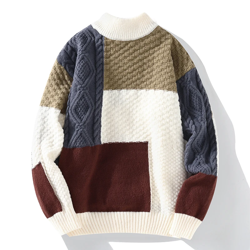 New Japanese Vintage Sweater for Men Loose Fit Patchwork Knit Pullover Autumn Winter Casual Knitted Top Men Women Jumper