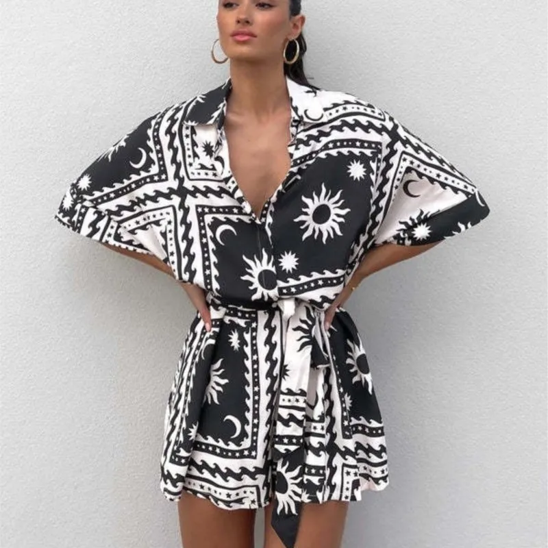 Summer Fashion Printed Chic Jumpsuits Shorts Women's V-neck Casual Beach Vacation High Waist Lace-up Boho Jumpsuits Streetwear