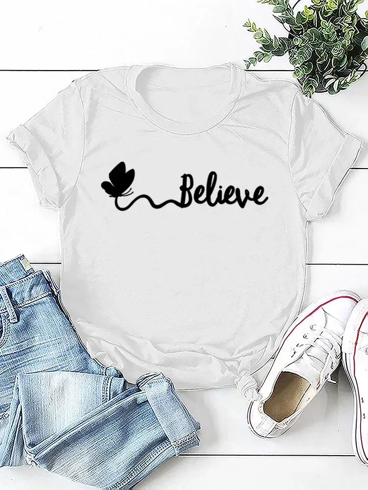 Butterfly Believe Letter Print Women T Shirt Short Sleeve O Neck Loose Women Tshirt Ladies Tee Shirt Tops Camisetas Mujer