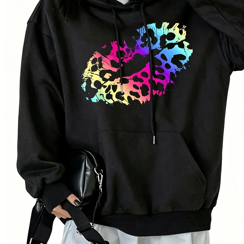 Neon Leopard Print Women's Hoodie with Pocket