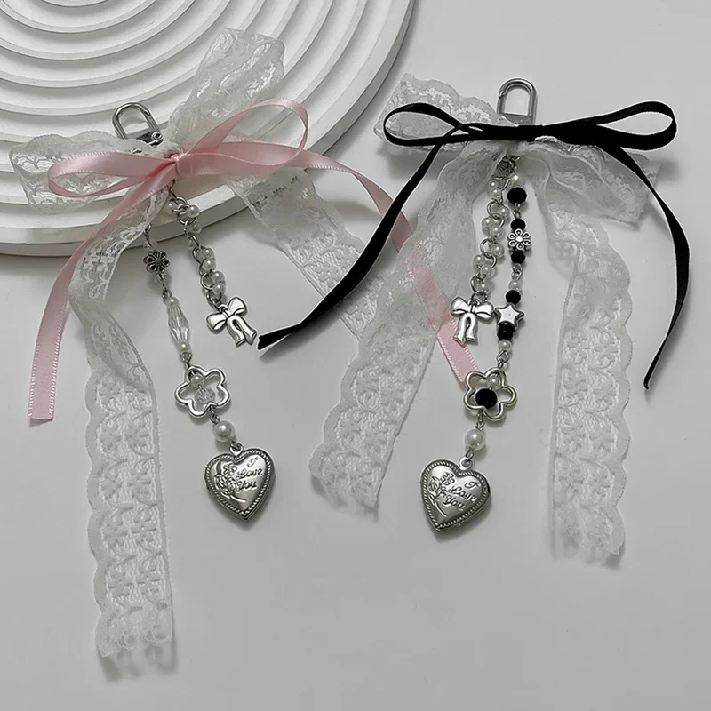 Goth Y2K Lace Bow Key Chain Heart Charm Pendant Kawaii Leopard Key Chain for Bag Accessory Women Trendy Tassel Chain Jewelry