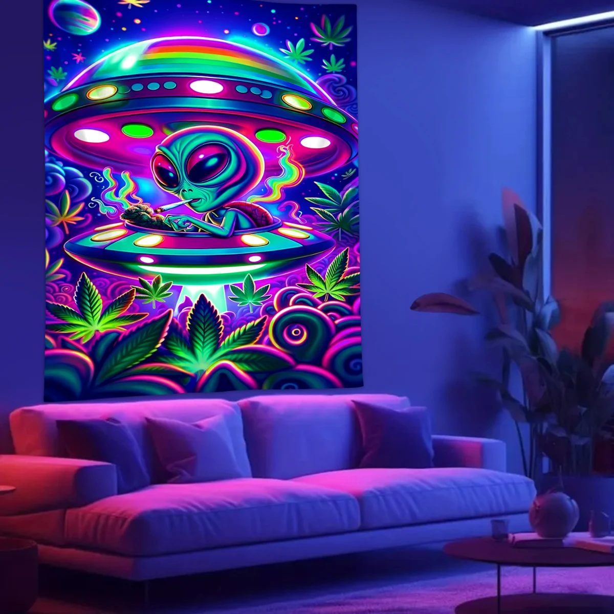 1pc Fluorescent alien tapestry, UV black light tapestry, fantasy UFO space room living room decoration wall hanging