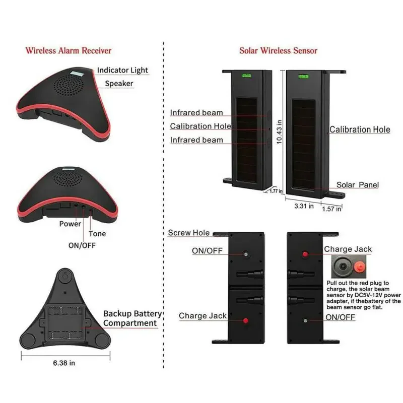 NEW Solar Wireless Driveway Alarm System 400M Long Transmission Range 190 Feet Wide Sensor Range Waterproof No Need Replace