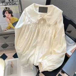 French Cute Peter Pan Collar Shirts for Women Solid Fashion Autumn Princess Sweet Long-sleeved Shirt Vintage Lolita Girls Tops