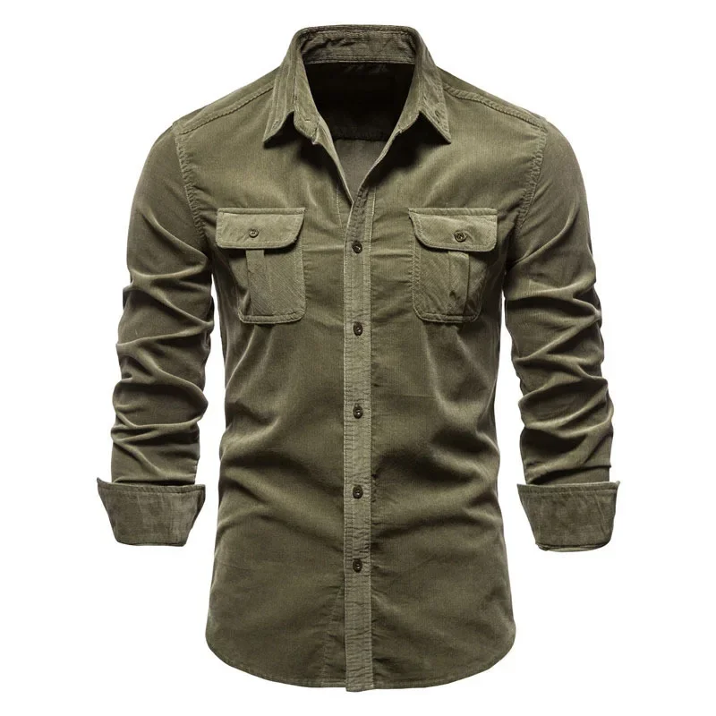 Camisa de pana de un solo pecho para hombre, Camisa ajustada de 2023 algodón, informal de negocios, a la moda, de Color sólido, para otoño, novedad de 100%