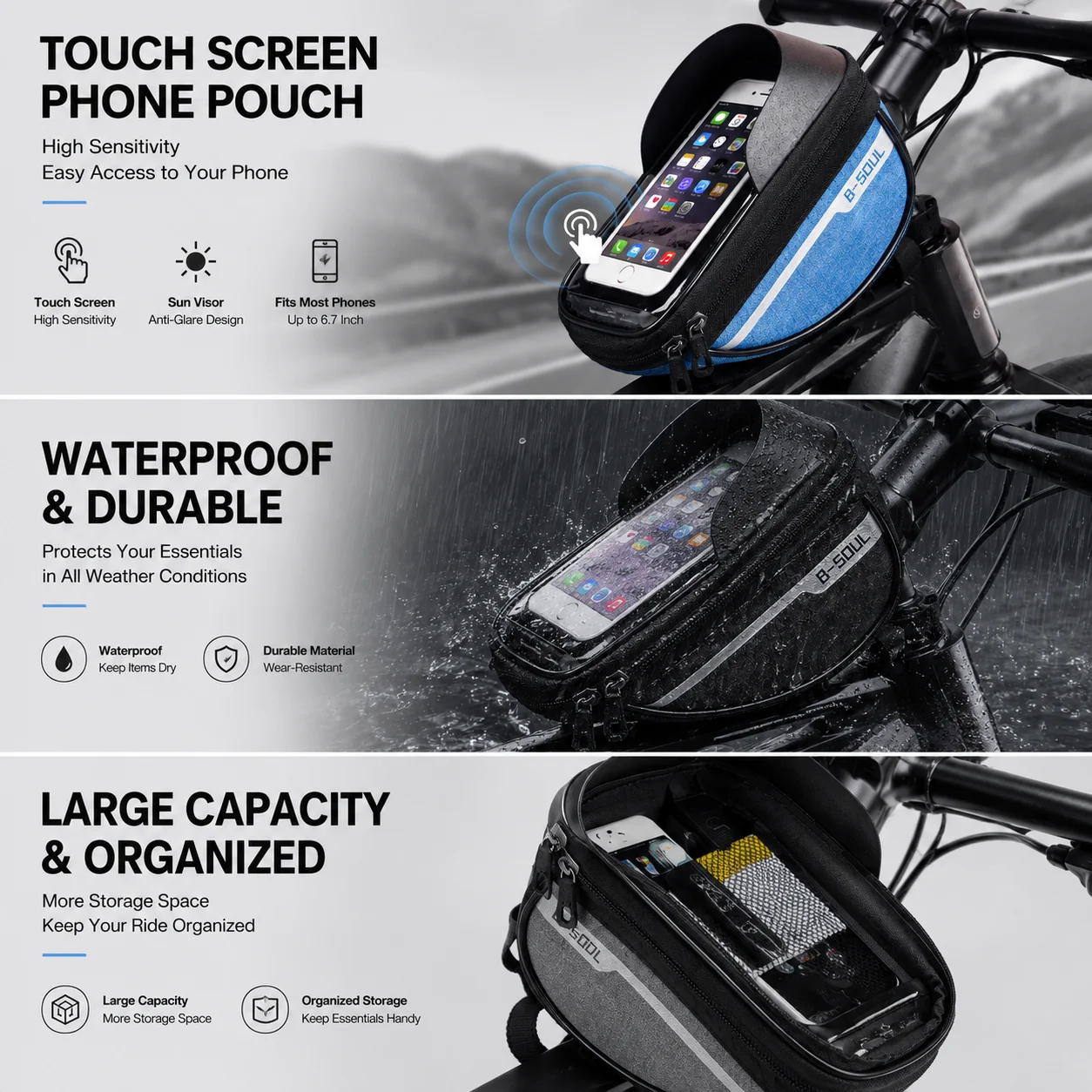Fahrrad-Lenkertasche Wasserdichte Touchscreen-Handytasche Fahrrad-Vorderrahmentasche Rennrad-E-Bike-Tasche mit Sonnenschutz Fahrrad-Aufbewahrung – Detail 2