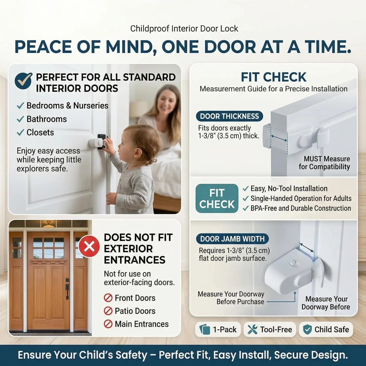 Child Proof Door Lock, Snap-On Door Knob Safety Lock & Door Handle Child Lock, Fits Knobs & Levers for Baby Toddler Home Safety