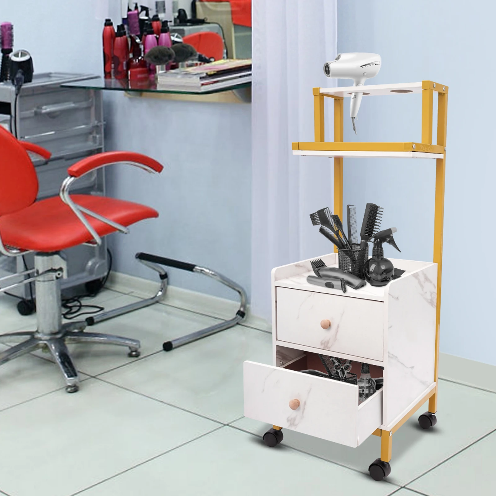 Salon Trolley with Wheels Rolling Barber Cart with Drawers Marbled Board for Beauty Salon Metal Frame Tool Holders