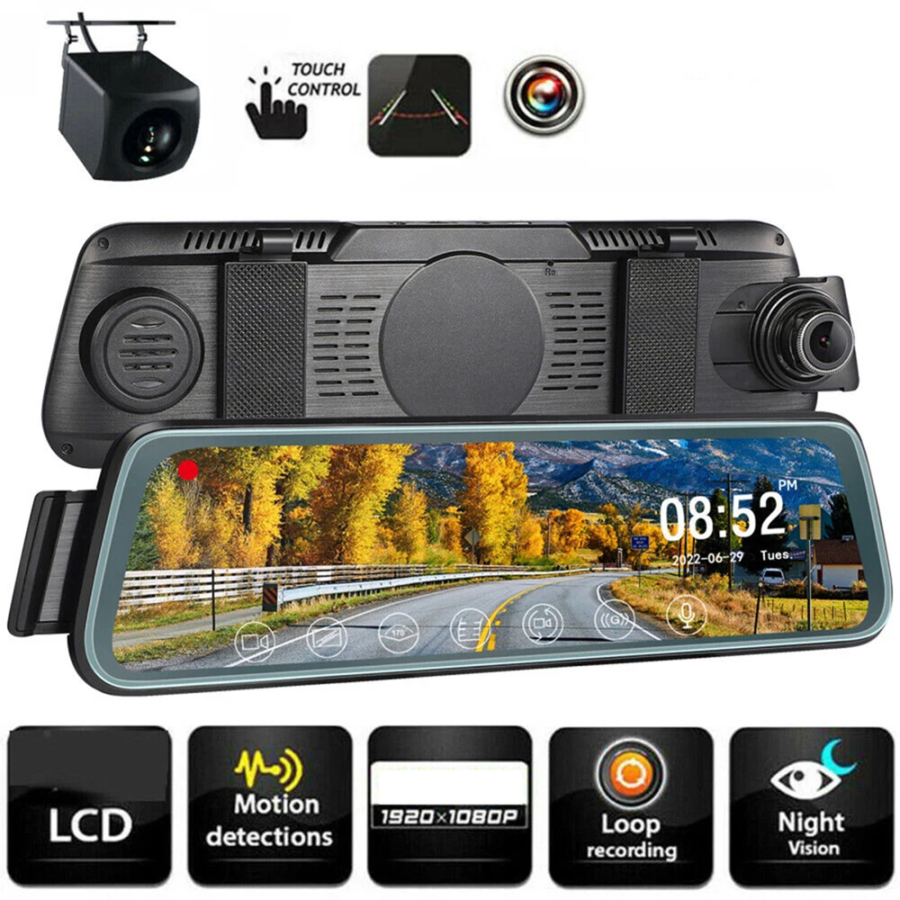 

1080P 10 Inch Full Screen Dual Lens Car Mirror Touch Screen Stream RearView Dash Cam Mirror Camera Dashcam Drive Recorder