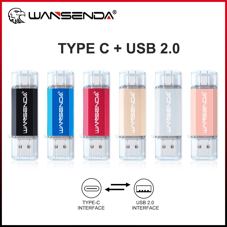 

WANSENDA TYPE C USB-флешка OTG Pen Drive 128 ГБ 64 ГБ 32 ГБ 16 ГБ 8 ГБ Флэш-накопитель Высокоскоростной флэш-накопитель USB 2.0