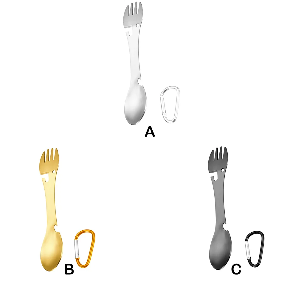 Stainless Steel Spork Keychain Integrated Fruit Meal Cutlery Camping Picnic