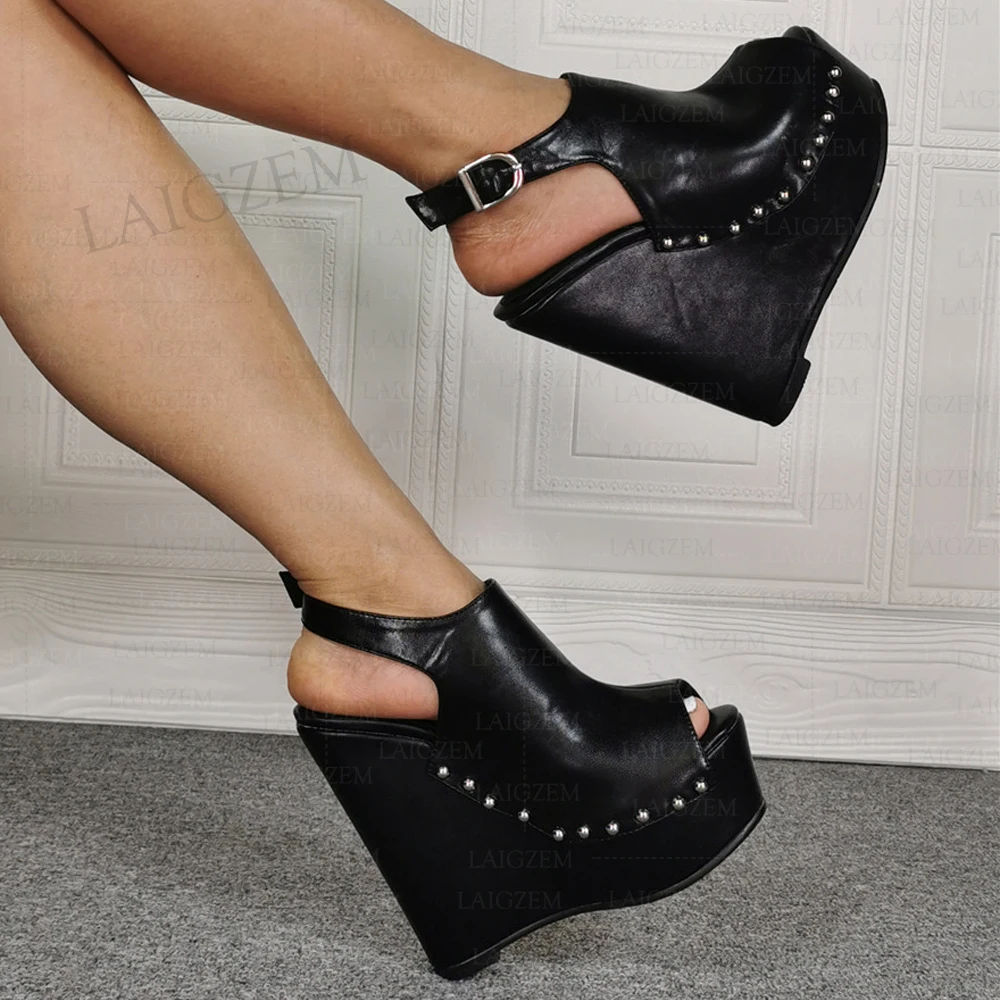 

BERZIMER Women Pumps Platform Wedges Peep Toe Studded Faux Leather Sandals Handmade Ladies Shoes Woman Large Size 41 43 45 48 52
