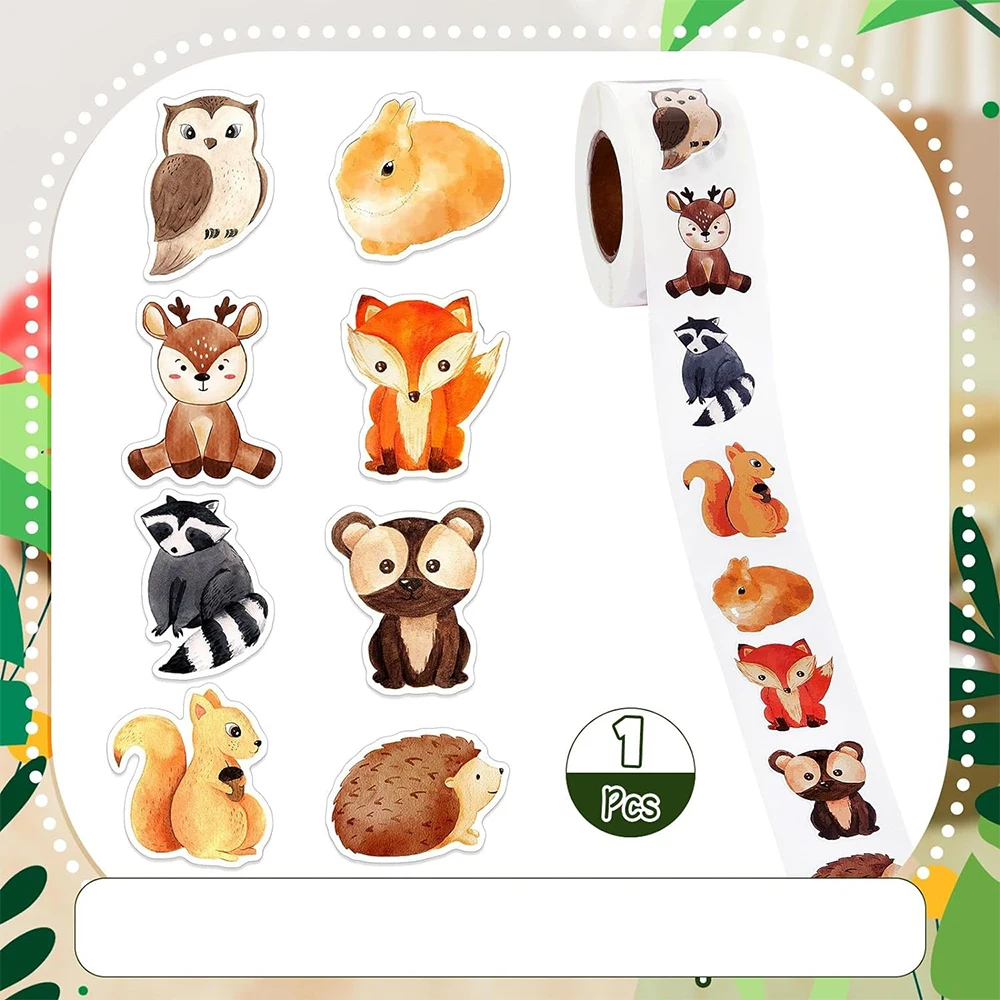 

500PCS Cute Forest Animals Stickers Anime Seal Label Decoration Cartoon Children's Party Candy Sticker Roll Sticker Gift