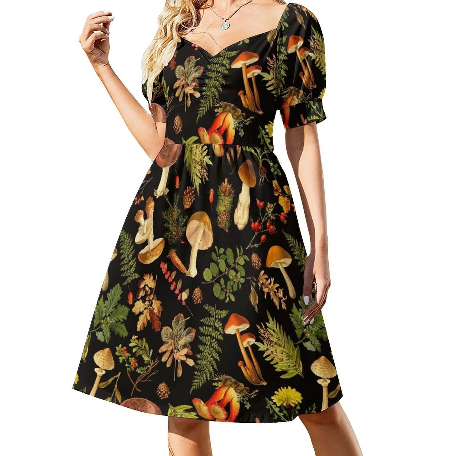 

Vintage toxic mushrooms forest pattern on black Sleeveless Dress Party dresses Women's dresses