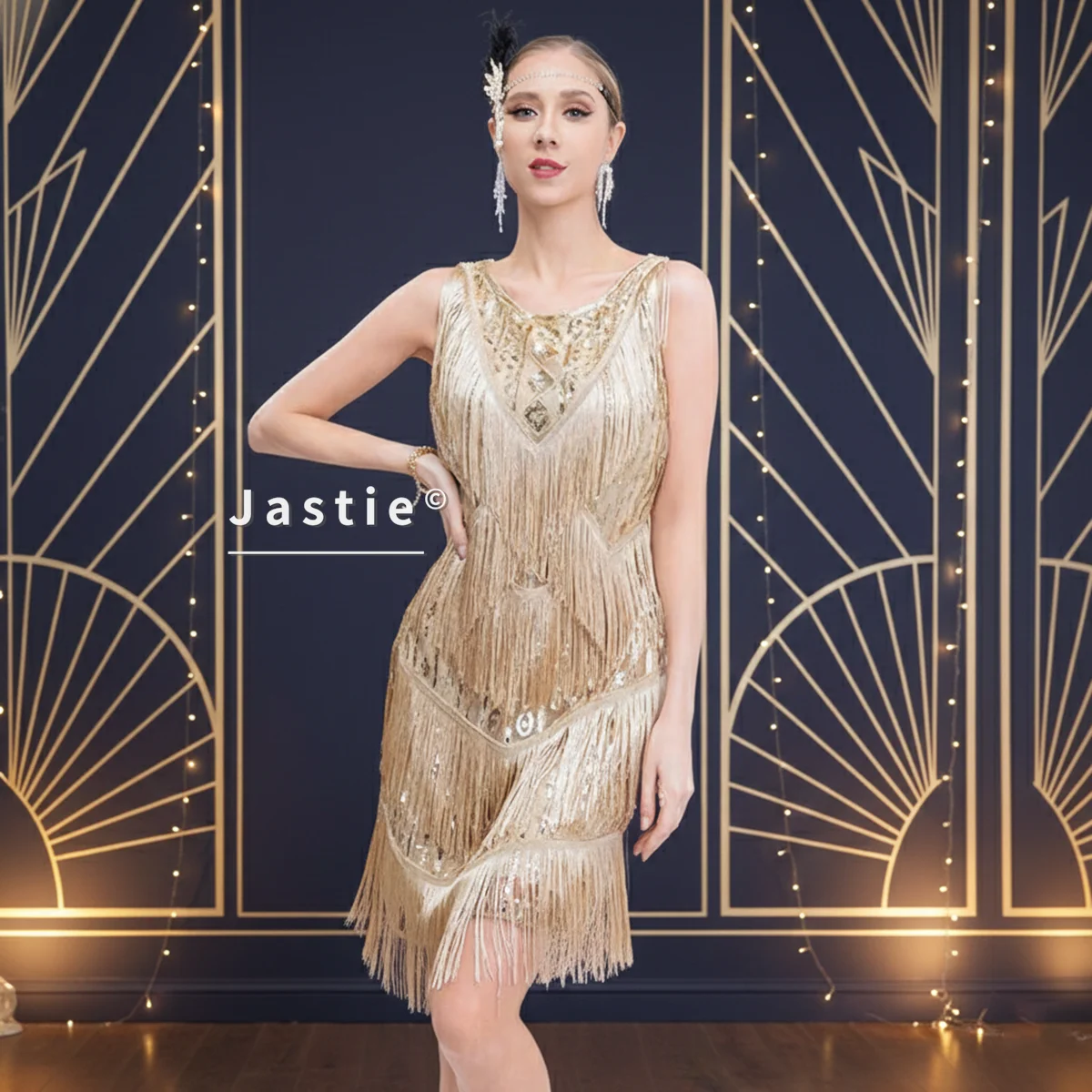 Roaring 20s ouro flapper vestido sem mangas lantejoulas arte deco vestido em camadas franja hem vintage 1920s retro festa feminino vestido de cocktail