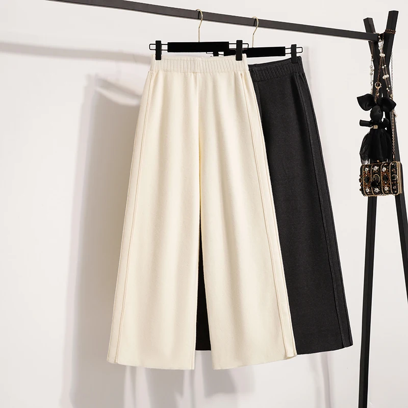 أصيلة محبوك بنطال ذو قصة أرجل واسعة عالية الخصر فضفاضة تناسب المرأة الخريف الشتاء تنوعا ملابس خارجية عادية مستقيم قطع بنطلون