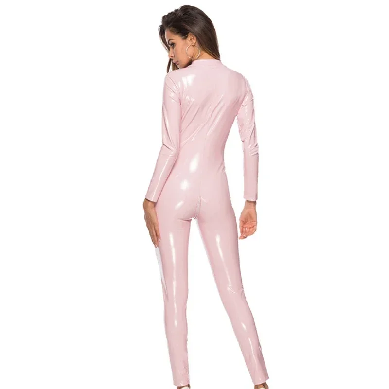 Mono de cuerpo para mujer, chaqueta de cuero de Pvc brillante al óleo con espejo ajustado, pantalones con cremallera, uniforme de tentación de extremo abierto para Cosplay