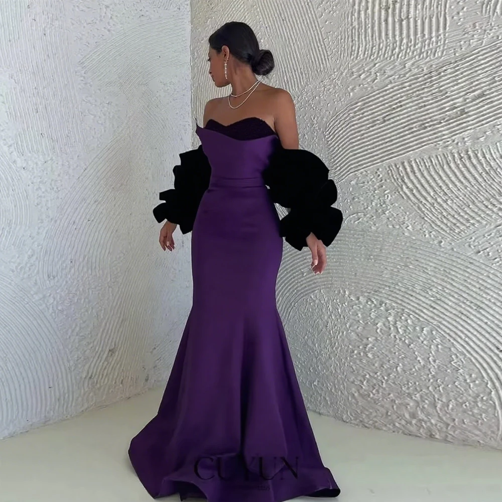 CUYUN Luxury Mermaid Evening Dresses Pleated Sleeves Strapless Party Dresses Customized Evening Gown for Formal Occasion