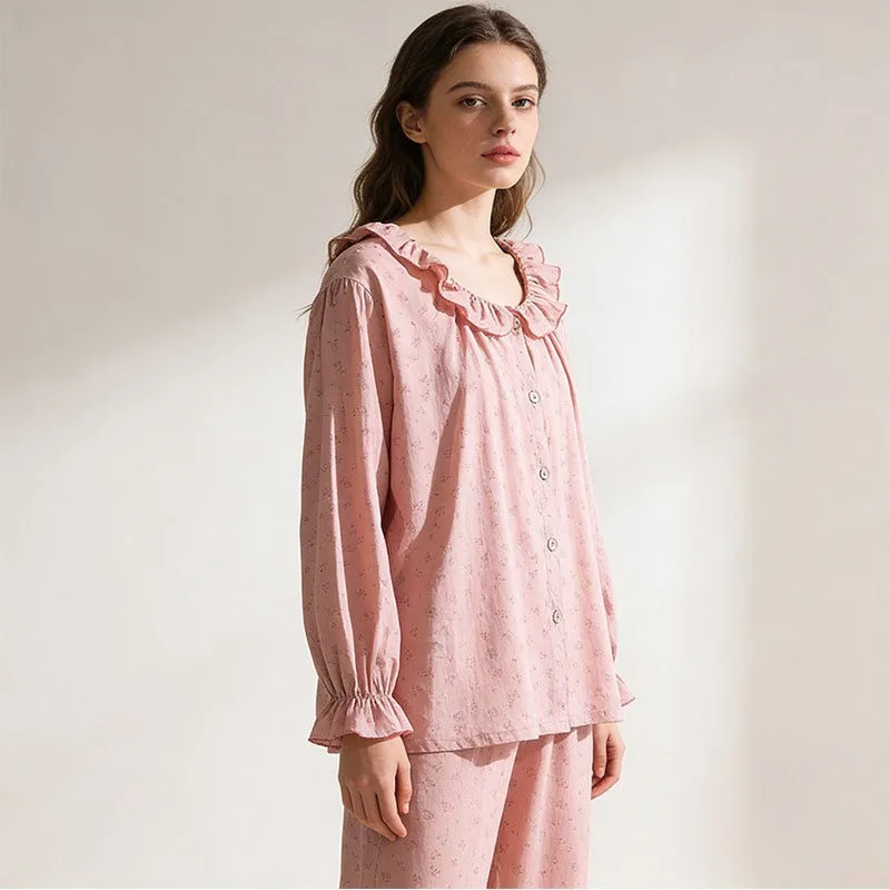 

Premium 100% A-Grade Cotton Women's Soft & Stretchy Warm Pajamas, French Country Ruffled Neck Full Button Floral Loungewear Set